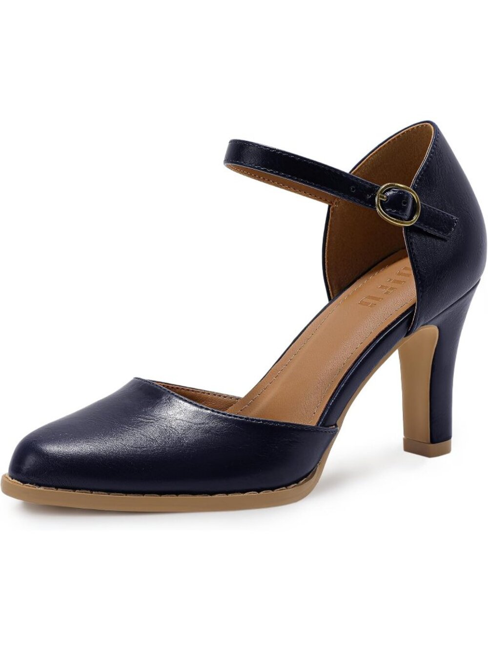 Women's Navy Blue Pu Closed Toe Chunky High Heels Comfortable Dress Pumps Shoes